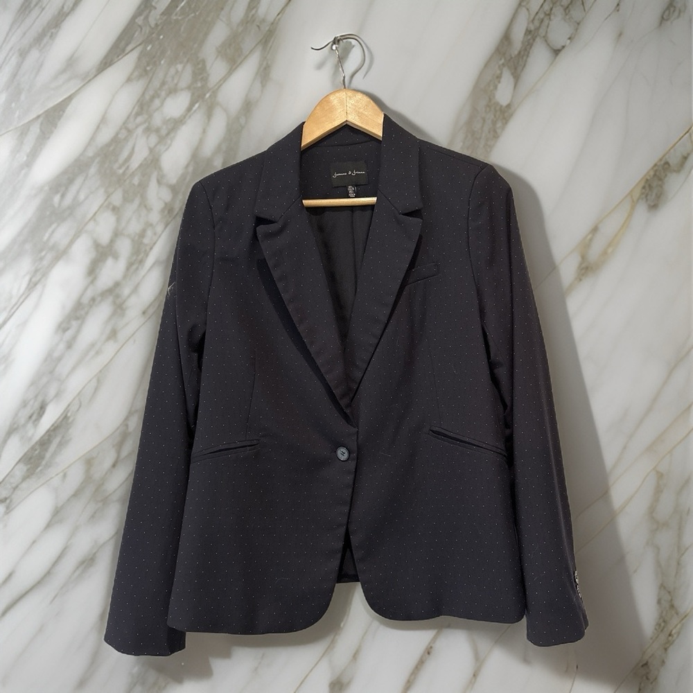 Navy Blue and tiny polka dot women’s blazer size large by Jasmine & Juliana